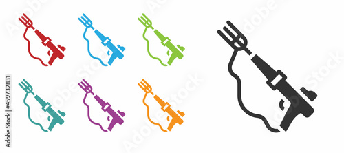 Black Fishing harpoon icon isolated on white background. Fishery manufacturers for catching fish under water. Diving underwater equipment. Set icons colorful. Vector