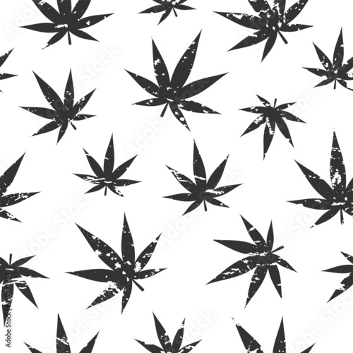 Seamless grunge ornament with hemp or cannabis leaf on white background. eco, agriculture, nature, ecology vector wallpaper.