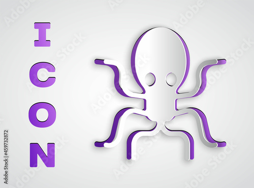 Paper cut Octopus icon isolated on grey background. Paper art style. Vector