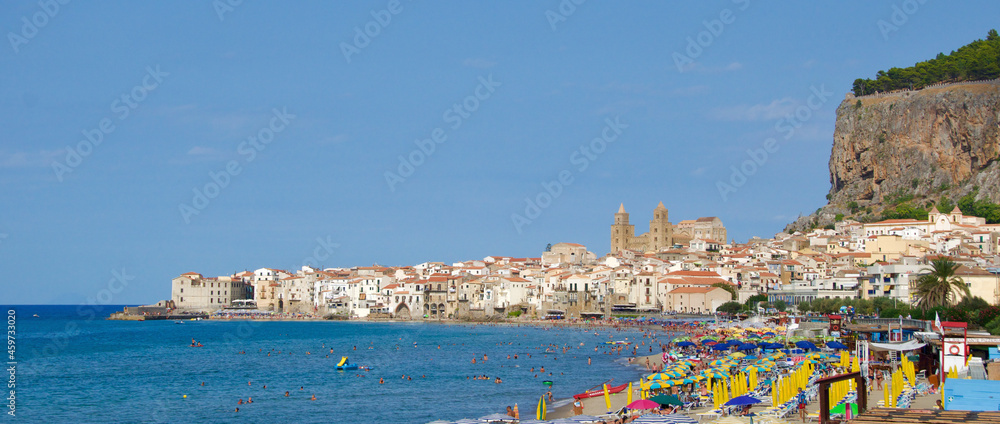 Panoramic view of the old town of Cefalu next to the Rock in Sicily