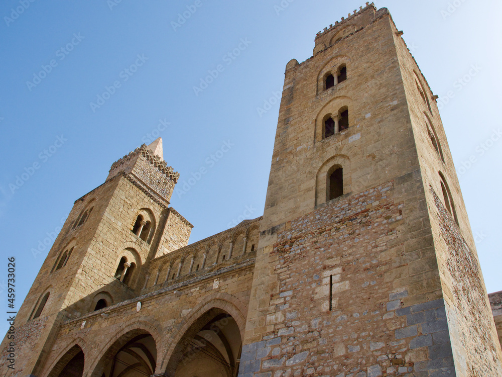 Towers of Basilica of Cefalu in the old town of Cefalu, Sicily