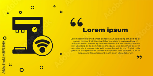 Black Smart coffee machine system icon isolated on yellow background. Internet of things concept with wireless connection. Vector