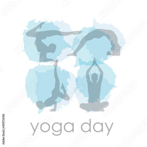 Yoga day workout silhouettes on watercolor paint splashes