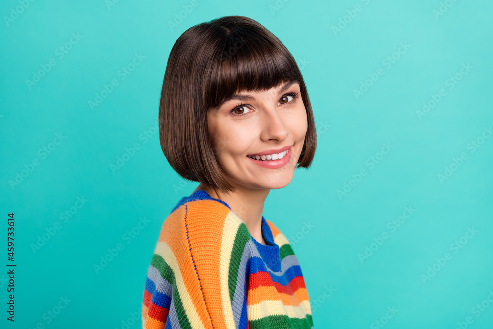 Profile side photo of young cheerful woman happy positive wear jumper isolated over teal color background Profile side photo of young cheerful woman happy positive wear jumper isolated over teal color background