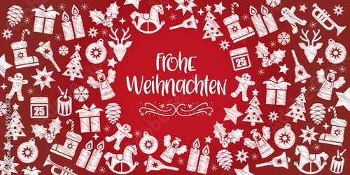 Weihnachtsgrüße - frohe Weihnachten mit weißen dekorativen Grafiken auf rotem Hintergrund - deutscher Text