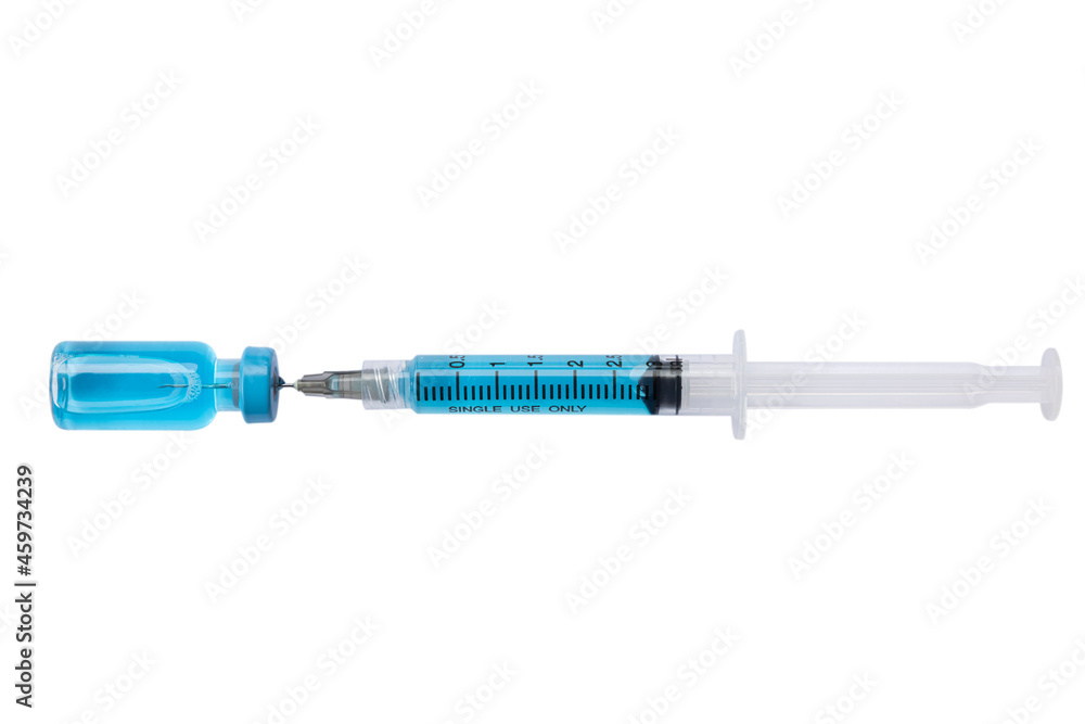 Fototapeta premium Close-up vials with vaccine and syringe for virus protection isolated on white background. Horizontal composition.