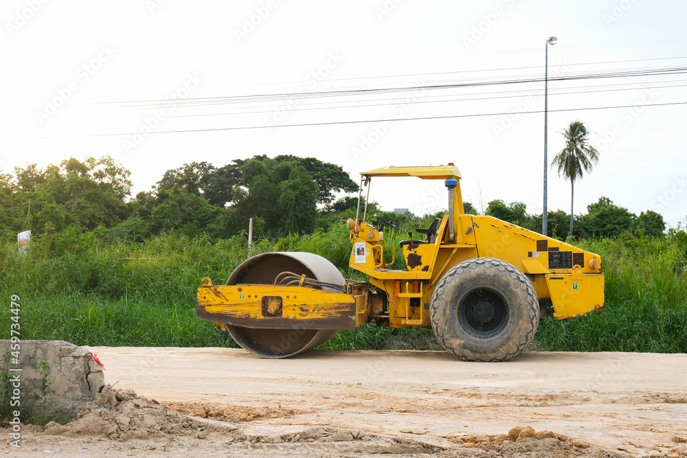 Road roller parking in a construction area