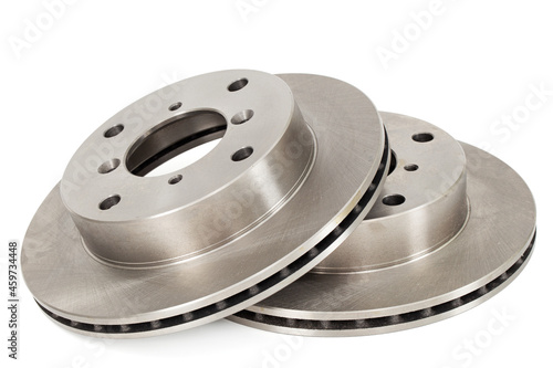 A pair of ventilated car brake discs, isolated on white background