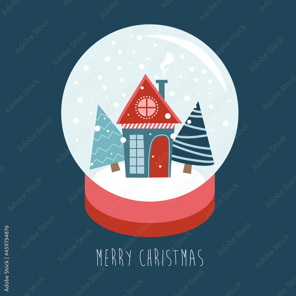 Fototapeta premium Merry christmas snow globe with a small house and fir-tree under the snow. New Year card