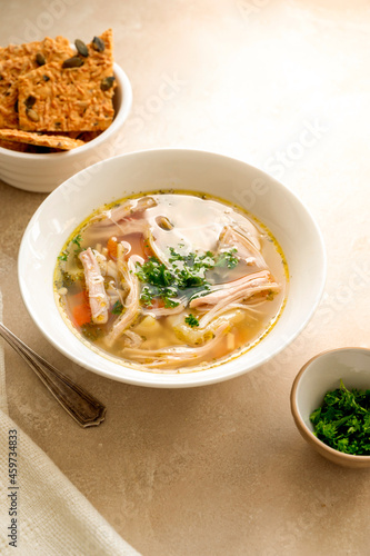 Chicken noodle soup, vegetable soup with crispbread.