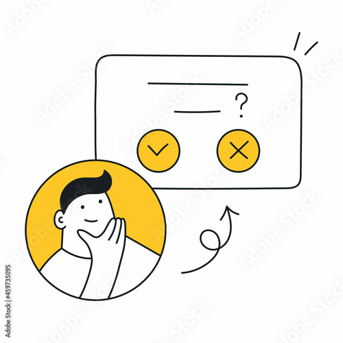 Modal window with the apply and cancel icons and customer's face. Feedback, modal user interface,  dialog box. Thin line vector illustration on white.