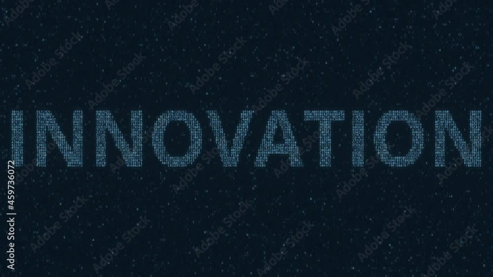 INNOVATION text consisting of many symbols on computer monitor. 3d animation INNOVATION text consisting of many symbols on computer monitor. 3d animation