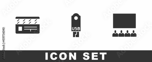 Set Movie clapper, USB flash drive and Cinema auditorium with screen icon. Vector