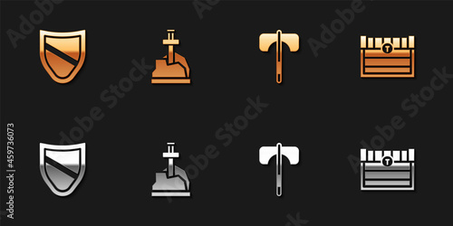 Set Shield, Sword in the stone, Medieval axe and Antique treasure chest icon. Vector