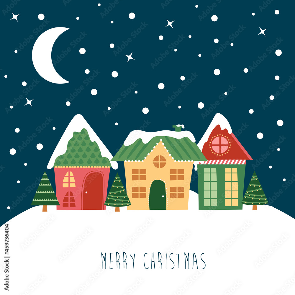 Christmas night landscape. In the sky the moon and the stars, the house and Christmas tree with lights. Flat vector illustration for postcard