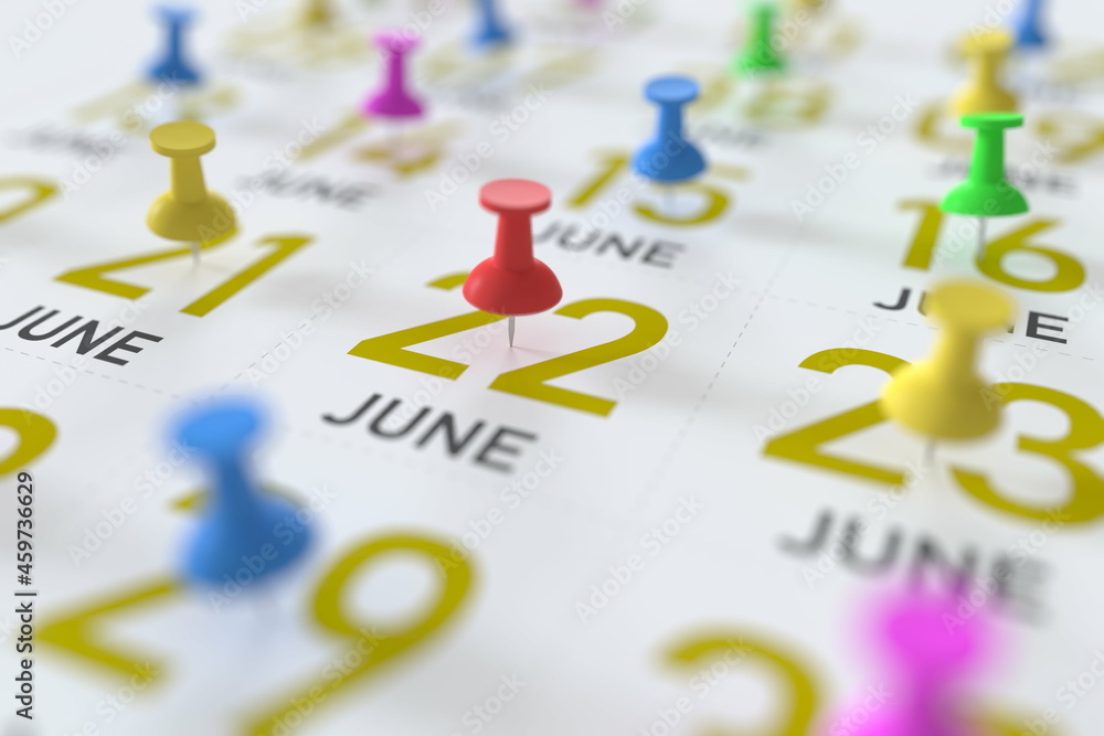 June 22 date and push pin on a calendar, 3D rendering June 22 date and push pin on a calendar, 3D rendering