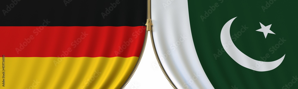 Obraz premium Germany and Pakistan cooperation or conflict, flags and closing or opening zipper between them. Conceptual 3D rendering