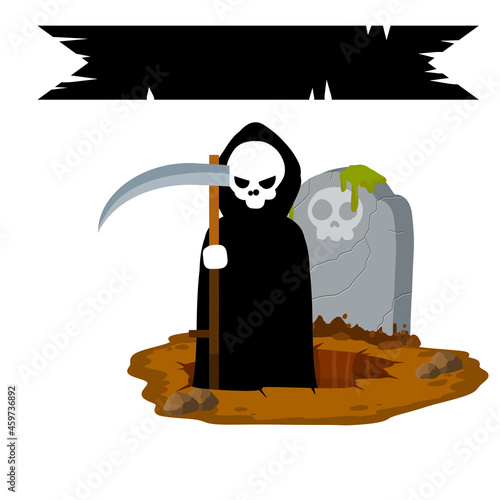 Death in cemetery. Scary character with scythe. Grave and funeral. Gravestone on ground. Halloween element. Flat concept. Ghost at stone tombstone