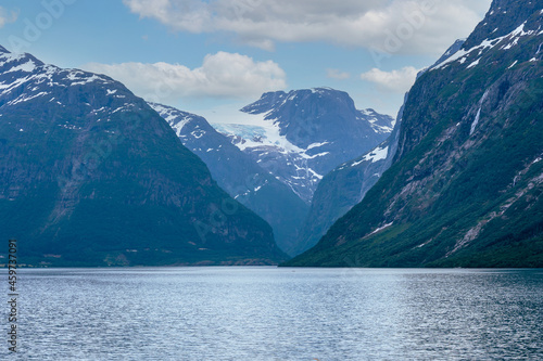Fjord and mountains in springtime in Norway.