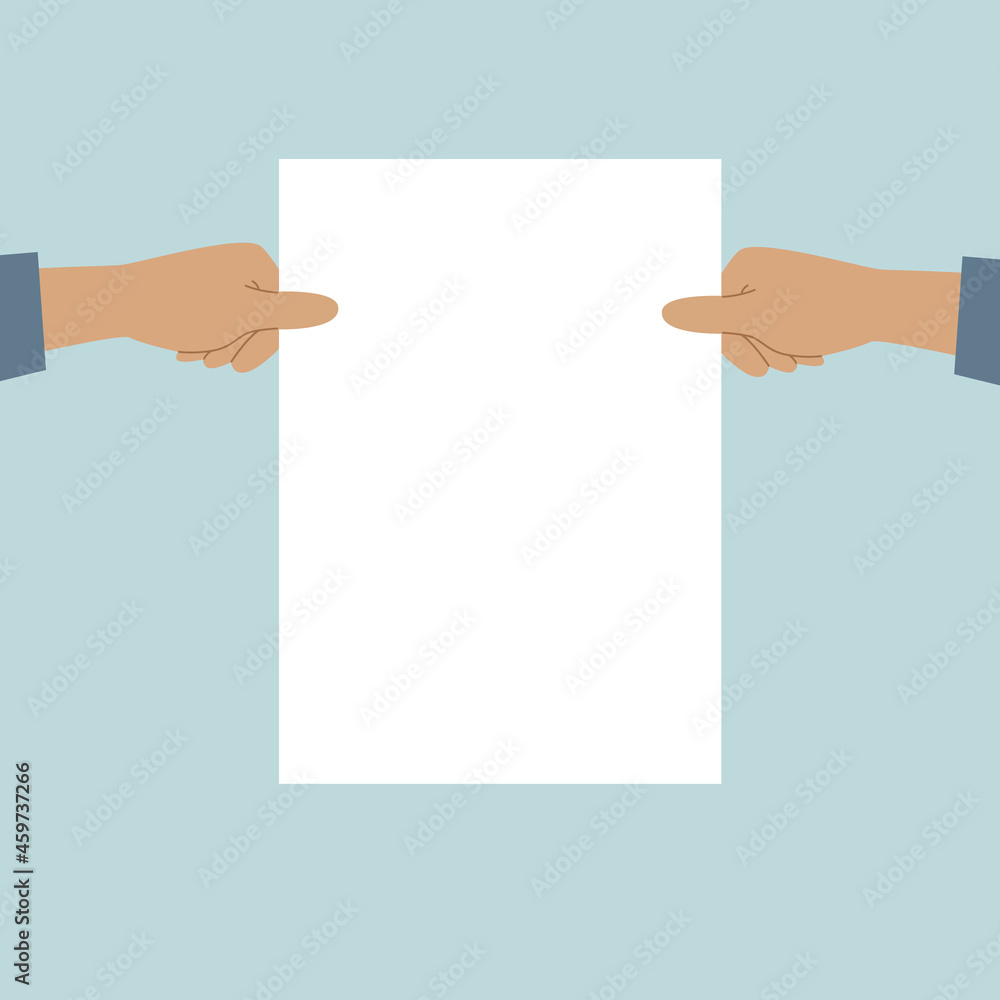 Two hands holding a white sheet. Concept for notice, display, contract notice, announce, postcard, gesture, no list. Two hands holding a white sheet. Concept for notice, display, contract notice, announce, postcard, gesture, no list.