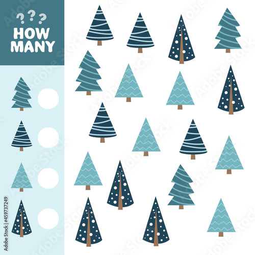 Mathematical game for children. How many blue Christmas tree. Vector illustration