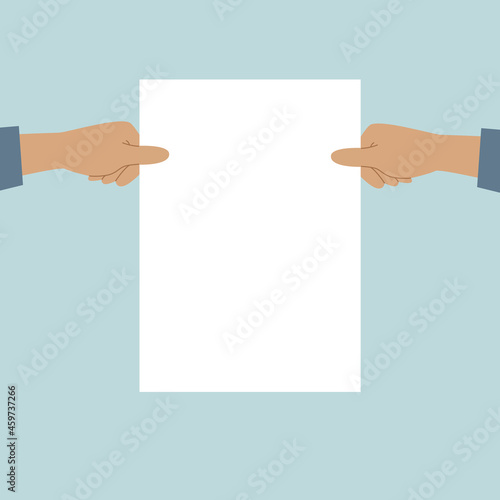 Two hands holding a white sheet. Concept for notice, display, contract notice, announce, postcard, gesture, no list.