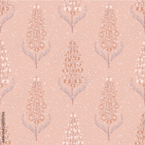 Abstract buddleia seamless vector pattern background. Butterfly bush monchrome pink backdrop of petals on tall stems with terrazzo or snowflake style texture. Garden shrub botanical all over print.