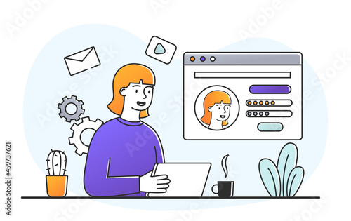 Smiling female character is creating online profile on website on white background. Concept of registration page, name and password field, menu bar, create account. Flat cartoon vector illustration