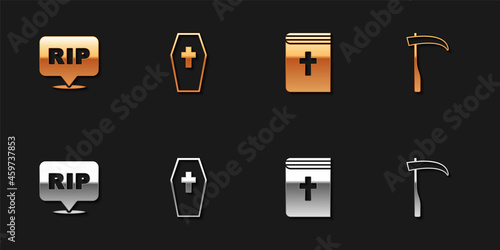 Set Speech bubble rip death, Coffin with cross, Holy bible book and Scythe icon. Vector