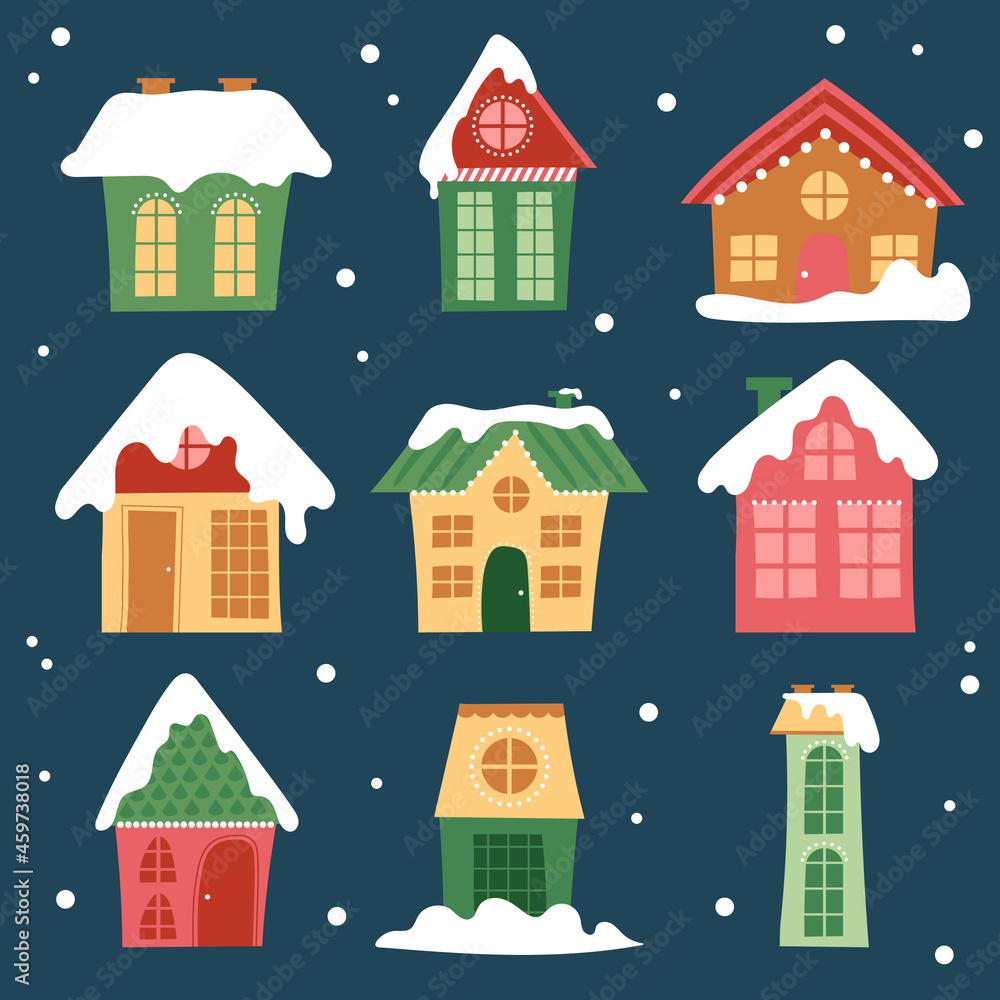 Winter houses collection. Cartoon snow home and rural cottages set. Snowy buildings in flat design.