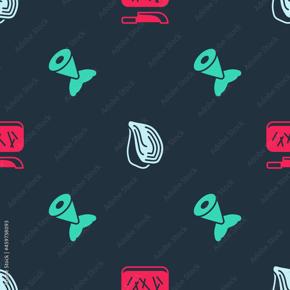 Set Cutting board and knife, Mussel and Fish tail on seamless pattern. Vector Set Cutting board and knife, Mussel and Fish tail on seamless pattern. Vector