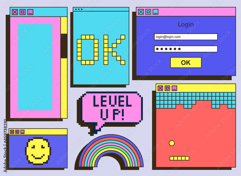 Set of vintage retrowave UI and UX graphic colorful computer windows on  grey background. Dialog box, tab, button, modal window as a part of retro  computer interface. Flat cartoon vector illustration Stock