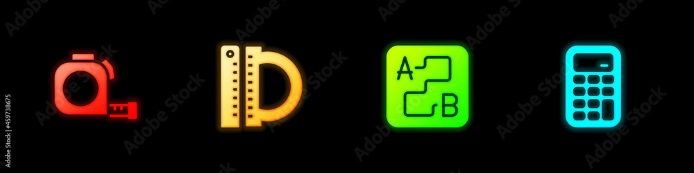Set Roulette construction, Protractor and ruler, Route location and Calculator icon. Vector Set Roulette construction, Protractor and ruler, Route location and Calculator icon. Vector