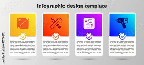 Set Diagonal measuring, Crossed ruler and pencil, Route location and Digital thermometer. Business infographic template. Vector