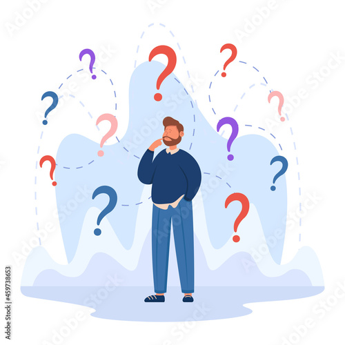 Confused business character making important decision. Man with questions, different options, making choice flat vector illustration. Goal, success, strategy concept for banner, website design