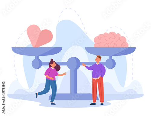 Brain and heart on huge scales. Emotional woman with intuition, smart man with logical thinking, balance between feelings and logic flat vector illustration. Love, emotions, intelligence concept