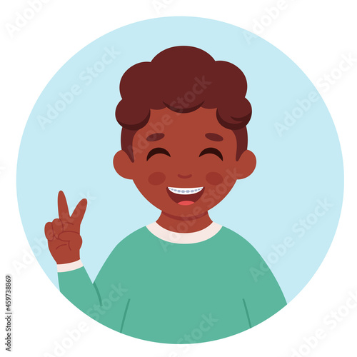 Black boy with braces on teeth. Dental care. Vector illustration