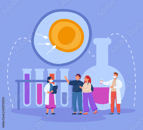 Infertile married couple consulting doctors at clinic. Medical professionals working in infertility treatment flat vector illustration. Fertility or infertility, pregnancy concept for banner