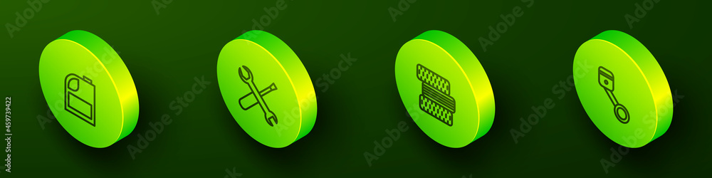 Set Isometric line Canister for motor machine oil, Screwdriver and wrench spanner, Car tire wheel and Engine piston icon. Vector Set Isometric line Canister for motor machine oil, Screwdriver and wrench spanner, Car tire wheel and Engine piston icon. Vector