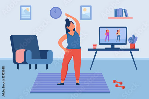 Female doing exercises from online workout video at home gym. Woman staying in and keeping fit, self-training flat vector illustration. Coronavirus, lockdown, sports concept for banner, website design