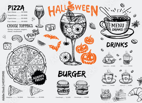 Restaurant cafe menu, template design, Halloween menu, Food flyer.	