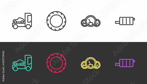 Set line Car transporter truck, tire wheel, Speedometer and muffler on black and white. Vector