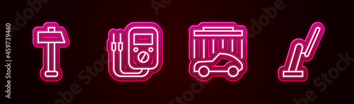 Set line Hammer, Multimeter, Car wash and Windscreen wiper. Glowing neon icon. Vector