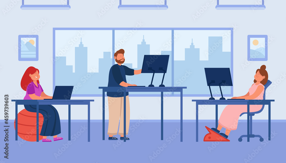 Cartoon employees working at computers in office open space. Women sitting at desks, man standing flat vector illustration. Furniture, workplace concept for banner, website design or landing web page Cartoon employees working at computers in office open space. Women sitting at desks, man standing flat vector illustration. Furniture, workplace concept for banner, website design or landing web page