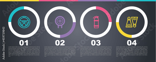 Set line Steering wheel, Target sport, Aqualung and Rubber flippers for swimming. Business infographic template. Vector