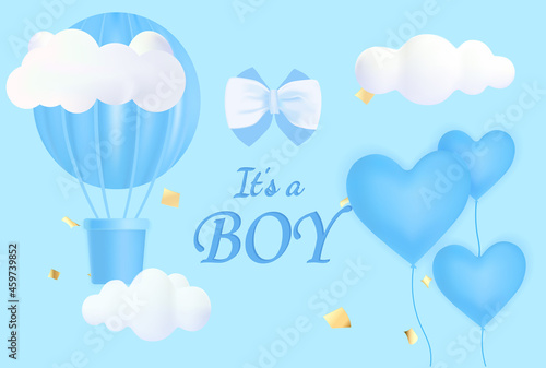 Cute postcard template with its a boy lettering on light blue background. Concept of newborn postcard template with rocket and helium balloons. Flat cartoon vector illustration