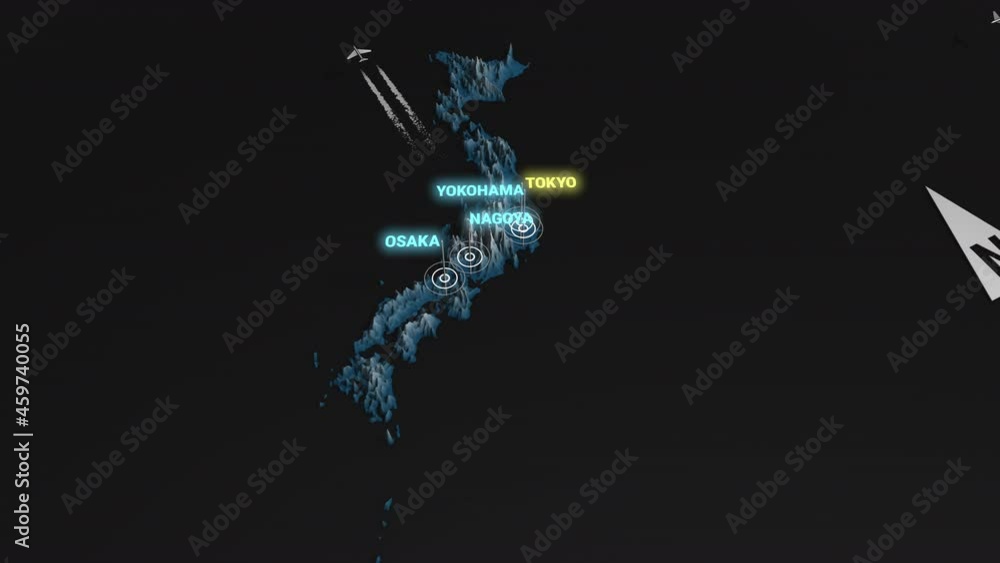 Seamless looping animation of the 3d terrain map at nighttime of Japan with the capital and the biggest cites in 4K resolution Seamless looping animation of the 3d terrain map at nighttime of Japan with the capital and the biggest cites in 4K resolution
