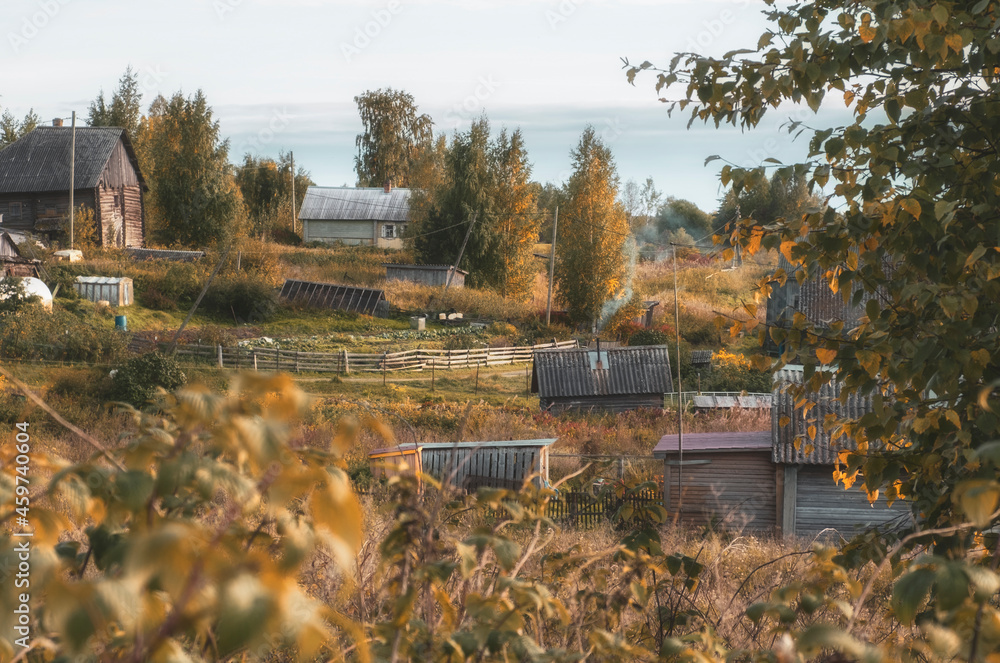Traditional Russian northern village of wooden huts, baths and vegetable gardens in autumn Traditional Russian northern village of wooden huts, baths and vegetable gardens in autumn