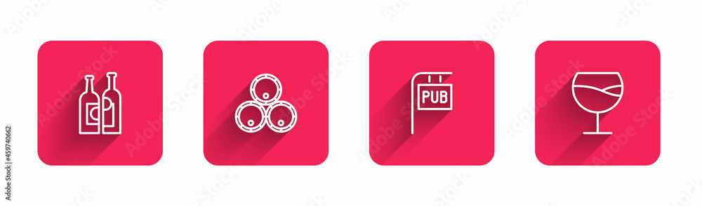 Set line Bottles of wine, Wooden barrels, Street signboard with Pub and Wine glass with long shadow. Red square button. Vector Set line Bottles of wine, Wooden barrels, Street signboard with Pub and Wine glass with long shadow. Red square button. Vector