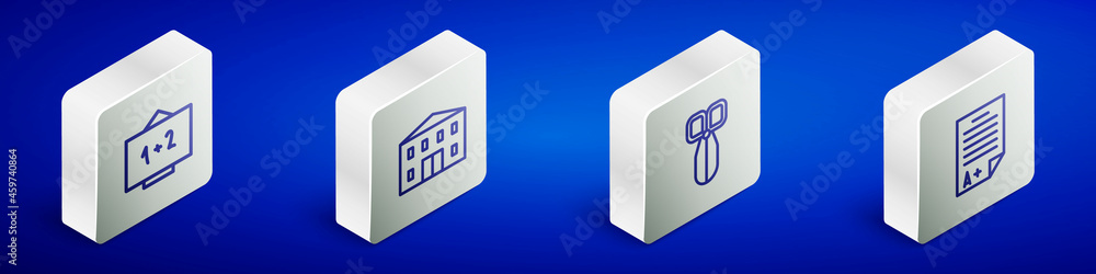 Set Isometric line Chalkboard, School building, Scissors and Exam sheet with A plus grade icon. Vector Set Isometric line Chalkboard, School building, Scissors and Exam sheet with A plus grade icon. Vector